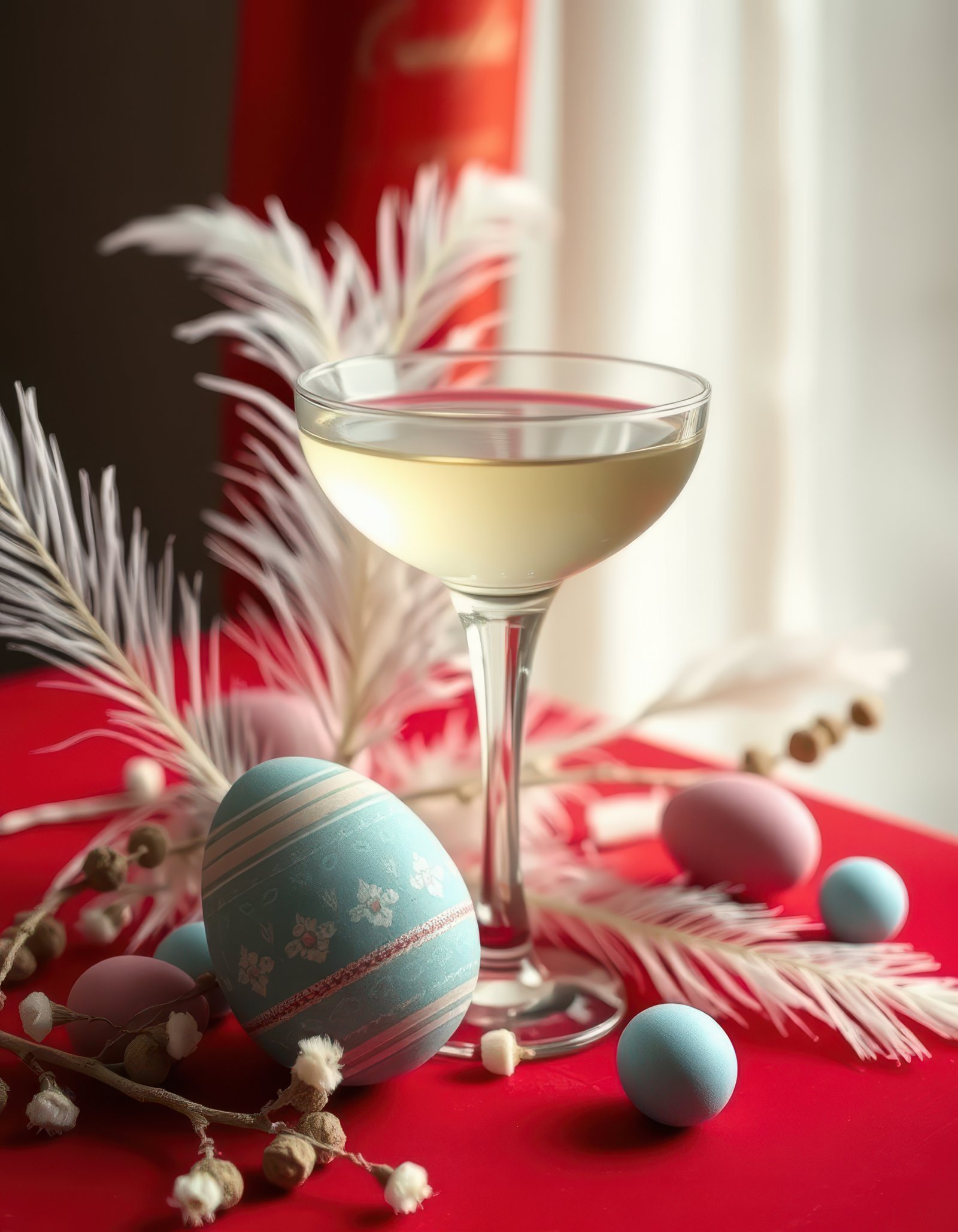 A glass of white wine sits on a red tablecloth next to Easter eggs and feathers
